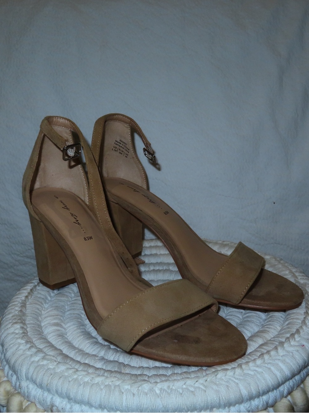 Block Heel Ankle-Strap Sandals in Tan